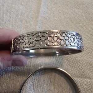 Coach Silver Tone Signature Logo Hinged Bangle Bracelet